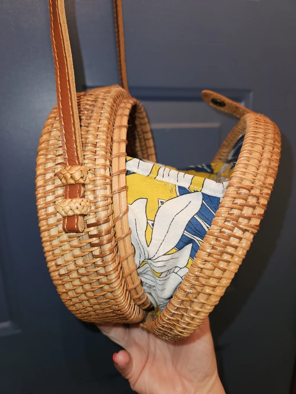 Round Woven Crossbody Boho Bag in Natural Tan.